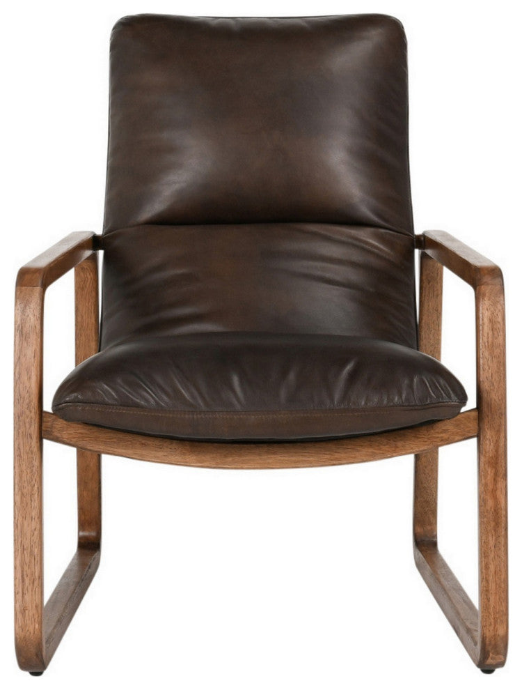 Benzara BM282995 Classic Accent Chair, Top Grain Leather, Rubberwood, Brown
