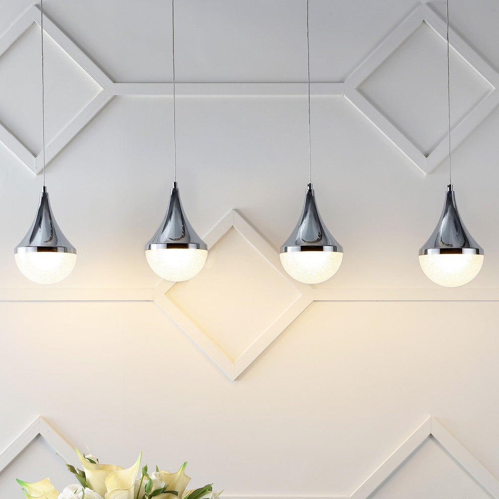 Elyse Teardrop 3-Light Iron/Acrylic Linear Pendant, Chrome/White, Width: 47"