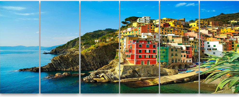 Riomaggiore Village Rocky Beach, Seascape Canvas Art Print, 70"x28", 6 Panels