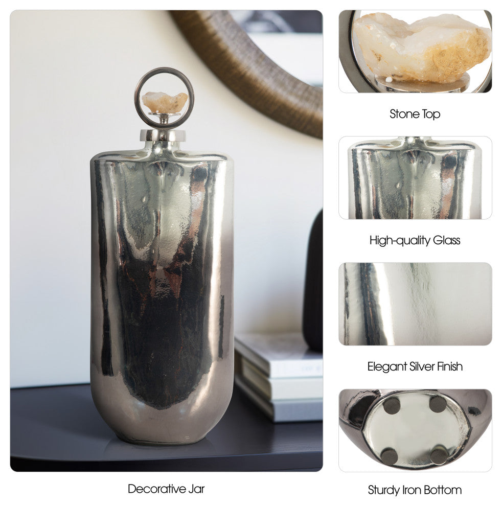 Glass, 19" Metallic Bottle, Stone Top, Silver