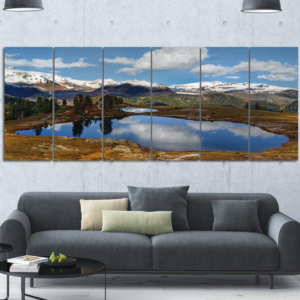 Lake with Pine Trees Reflecting Sky, Landscape Canvas Print, 70"x28", 6 Panels