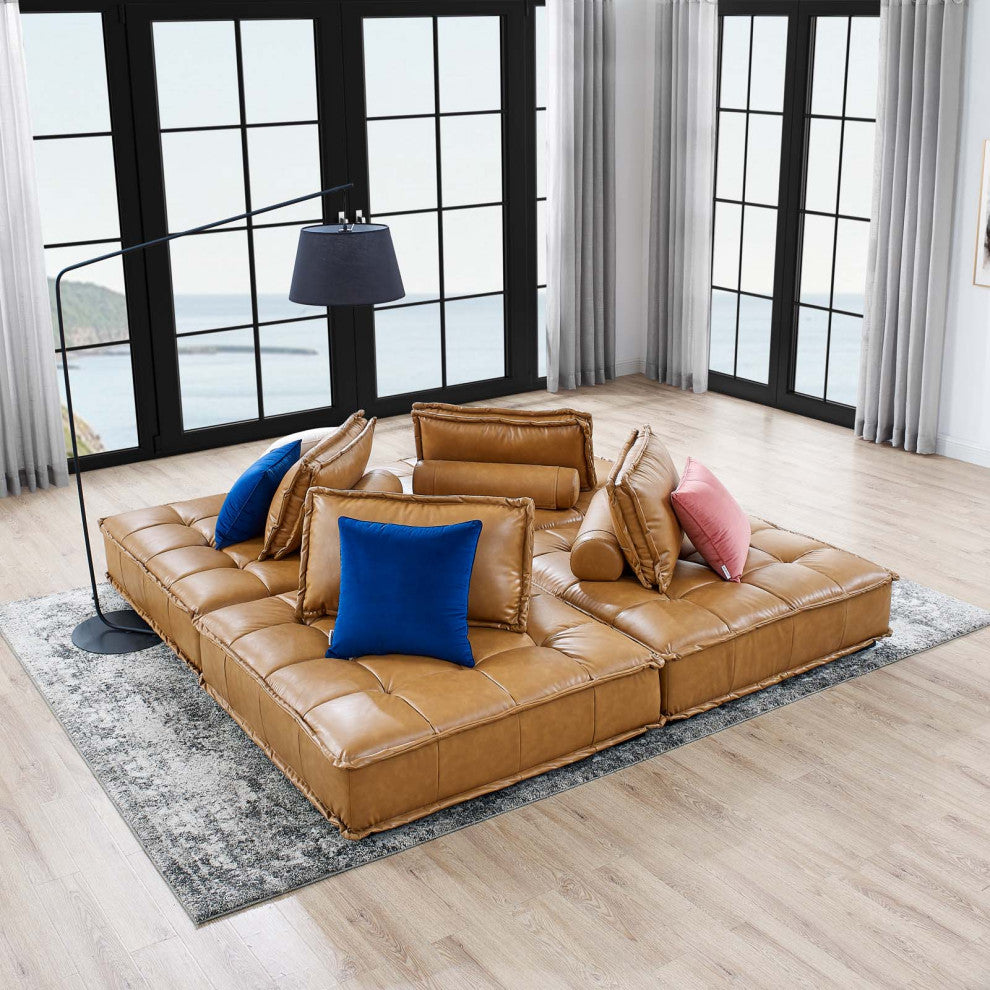 Modular Deep Tufted Sectional Sofa Set, Tan, Fabric, Modern, Lounge Hospitality
