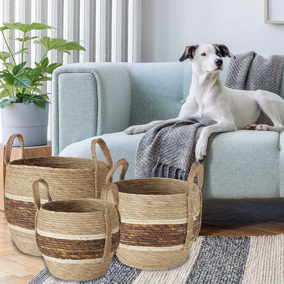 3 Piece Stripes Wicker Basket Set