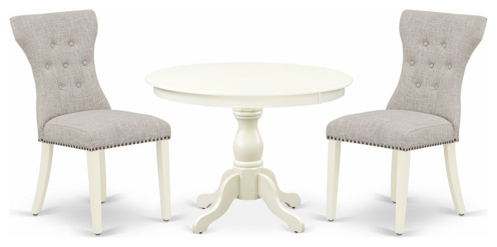 3 Pc Set, Linen White Dinner Table, 2 Doeskin Kitchen Chairs Button Tufted Back