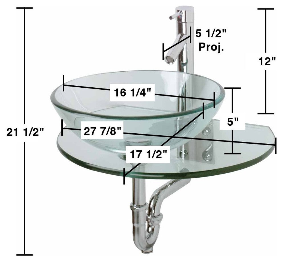 Wall Mount Tempered Glass Vessel Sink Round and Clear with Faucet and Drain