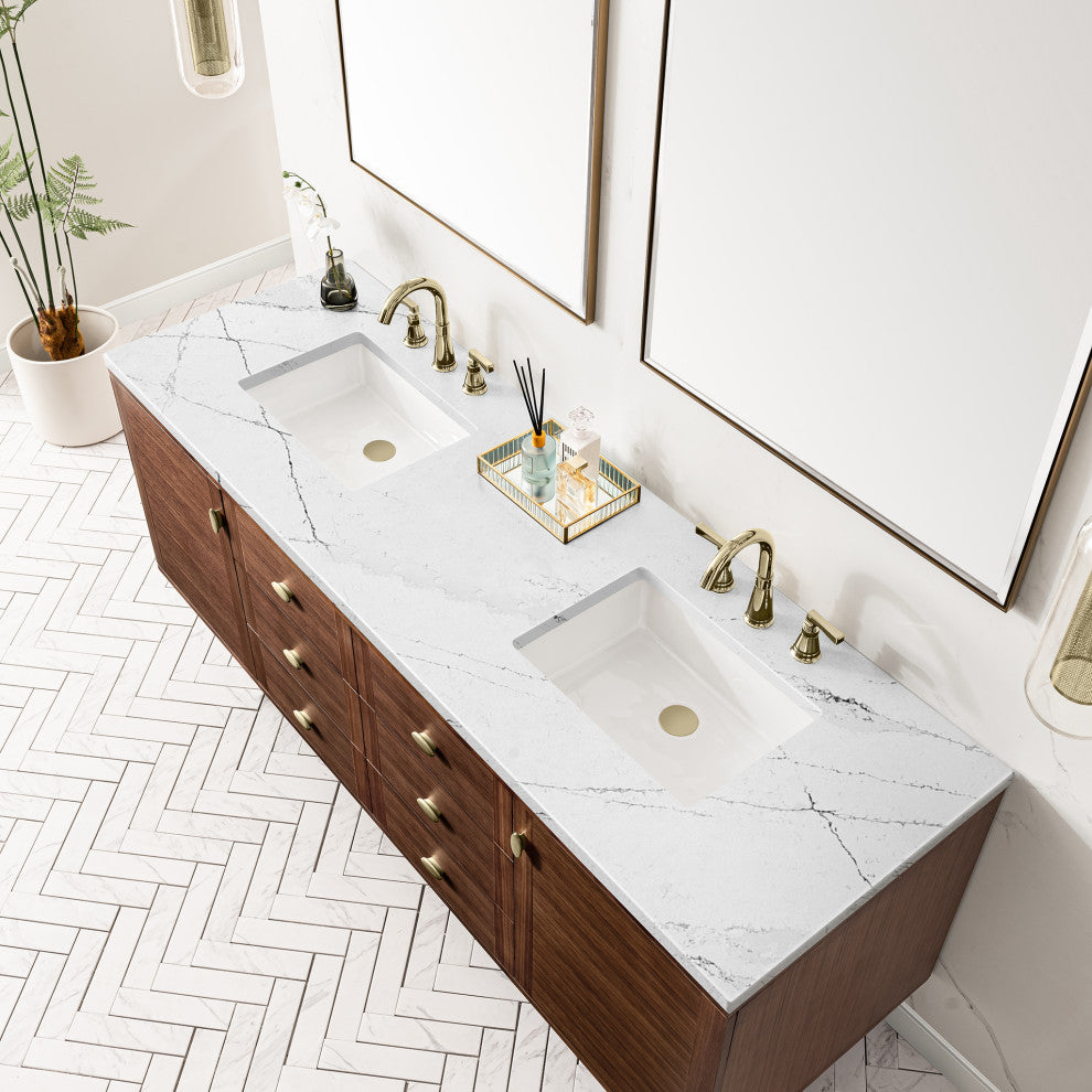 Amberly 72" Double Vanity, Mid-Century Walnut, 3CM Arctic Fall Top