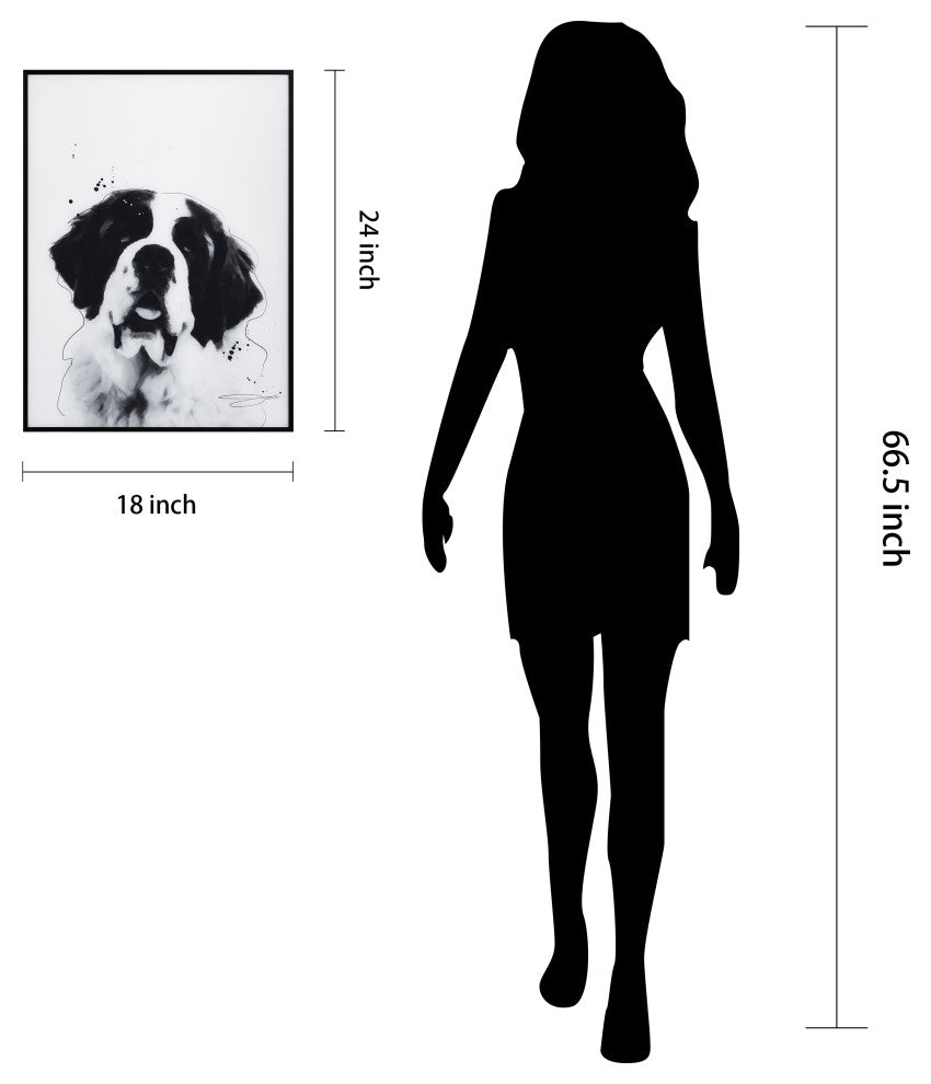 "Saint Bernard" Black and White Pet Art on Printed Glass with Anodized Frame