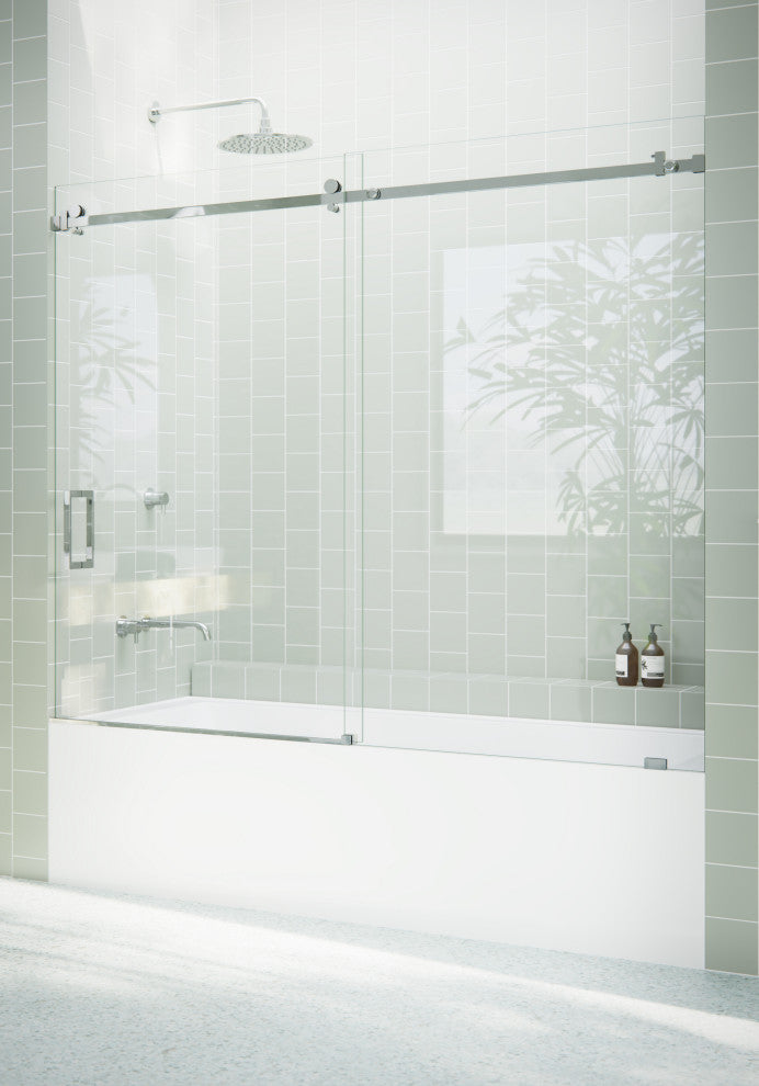 68-72"x60-Frameless Bath Tub Sliding Shower Door Square Hardware, Polished Chrome