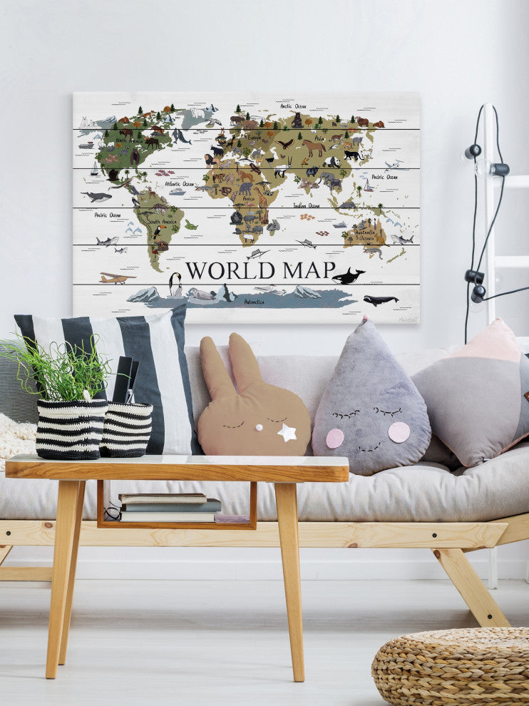 "World Map of Animals" Painting Print on White Wood, 60x40