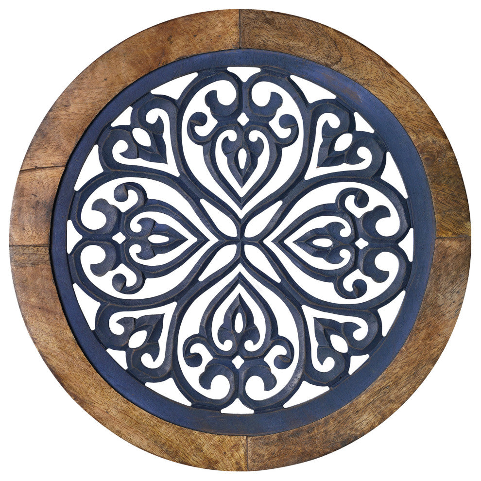 Distressed Wood Framed Round Navy Blue Wall Accent Medallion Art - 16"