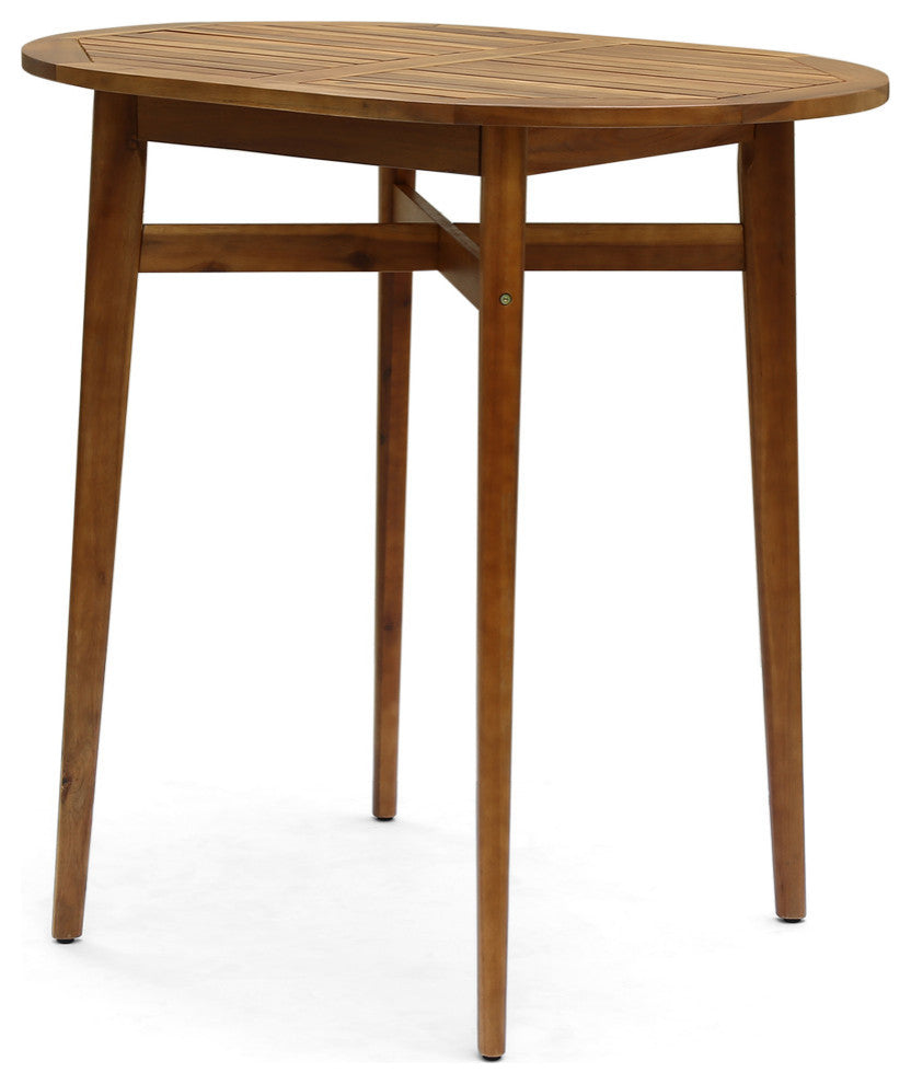 Beryl Outdoor Rustic Acacia Wood Bar Table With Slat Top, Teak Finish