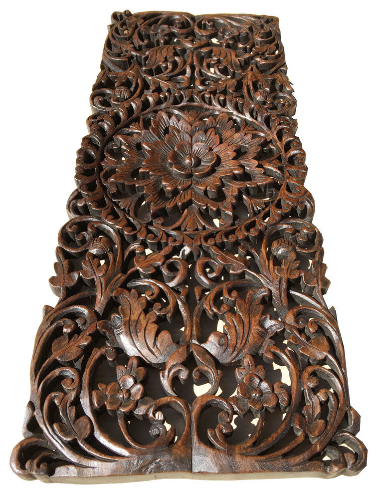 Floral Tropical Carved Wood Wall Panel, Dark Brown