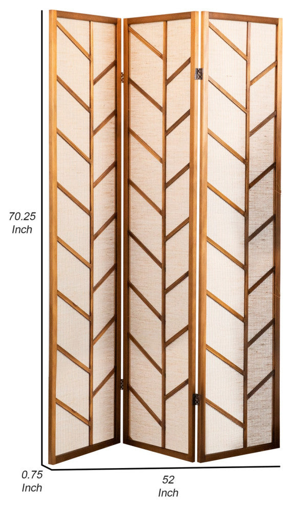Benzara BM242728 3 Panel Screen, Jute Linen Fabric and Wooden Frame, Brown/Beige