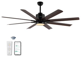 Octo 66" Industrial Iron 6 Speed Ceiling Fan, LED, App/Remote, Black/Brown Wood"
