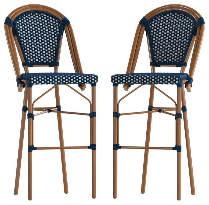 Set of 2 Stackable Indoor/Outdoor French Bistro 30" High Bar Stools, Navy & White/Natural Frame
