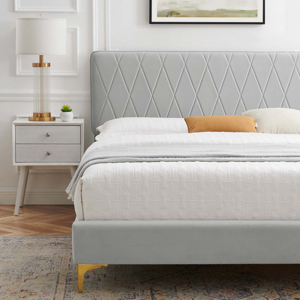 Platform Bed Frame, King Size, Velvet, Light Gray, Modern Contemporary