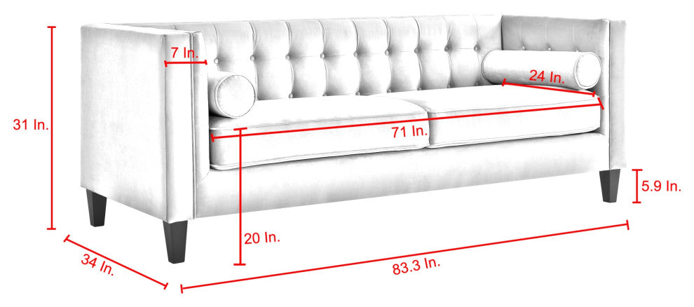 Branwen Velvet Button Tufted Sofa, Square Arms Tapered Leg, Navy