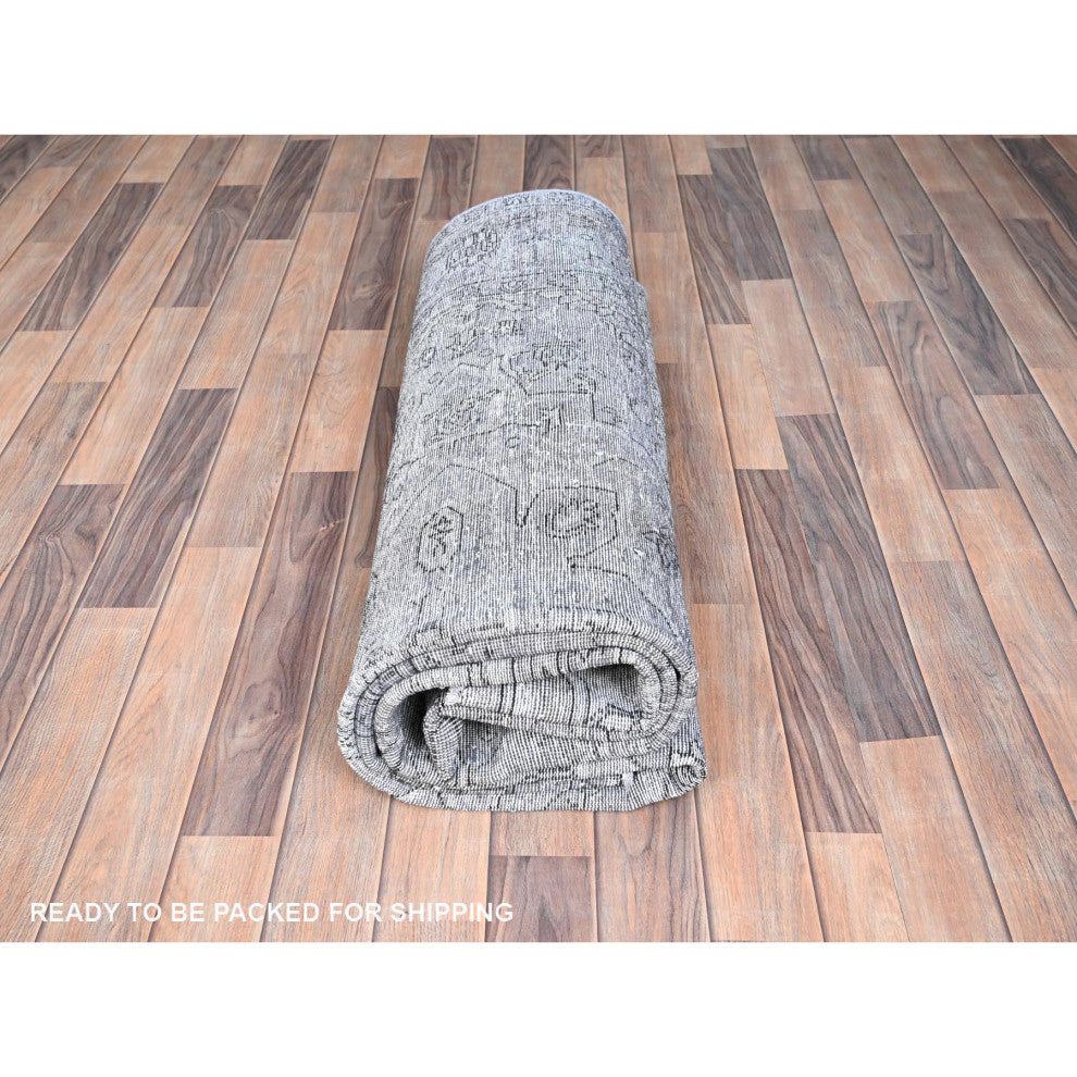 Slate Gray, Worn Wool, Hand Knotted, Vintage Persian Tabriz Rug, 6'6"x9'6"