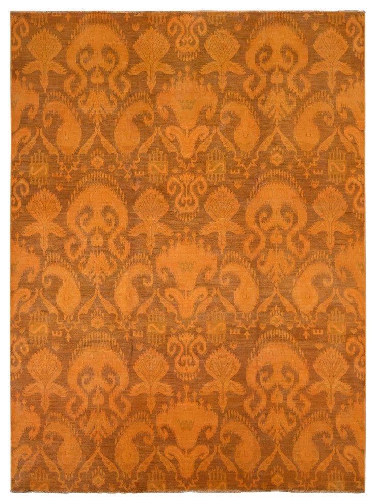 Hand Knotted Pure Wool, Orange Cast Overdyed Ikat Oriental Rug, 9'1"x12'3"
