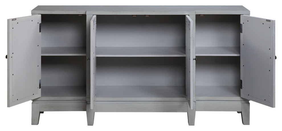 Benzara BM251334 Console Table With 4 Glass Doors and Geometric Front, Gray