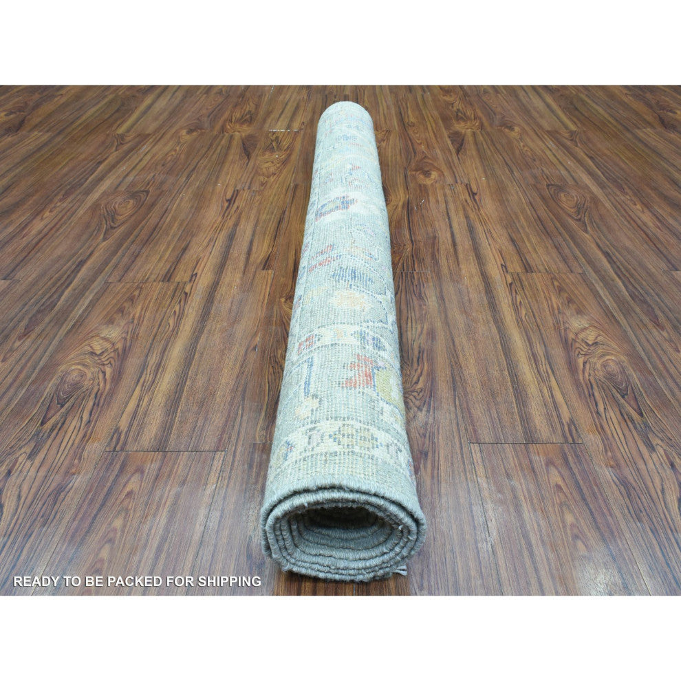 Gray Hand Knotted Afghan Angora Oushak Colorful Wool Wide Runner Rug, 4'4"x10'