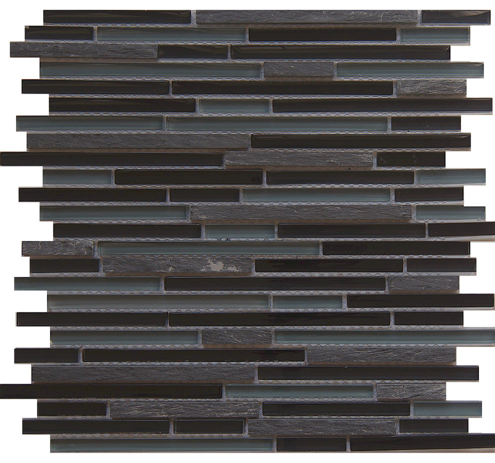 12"x12" Glass and Stone Mosaic Tile, Midnight, Strips, Set of 50
