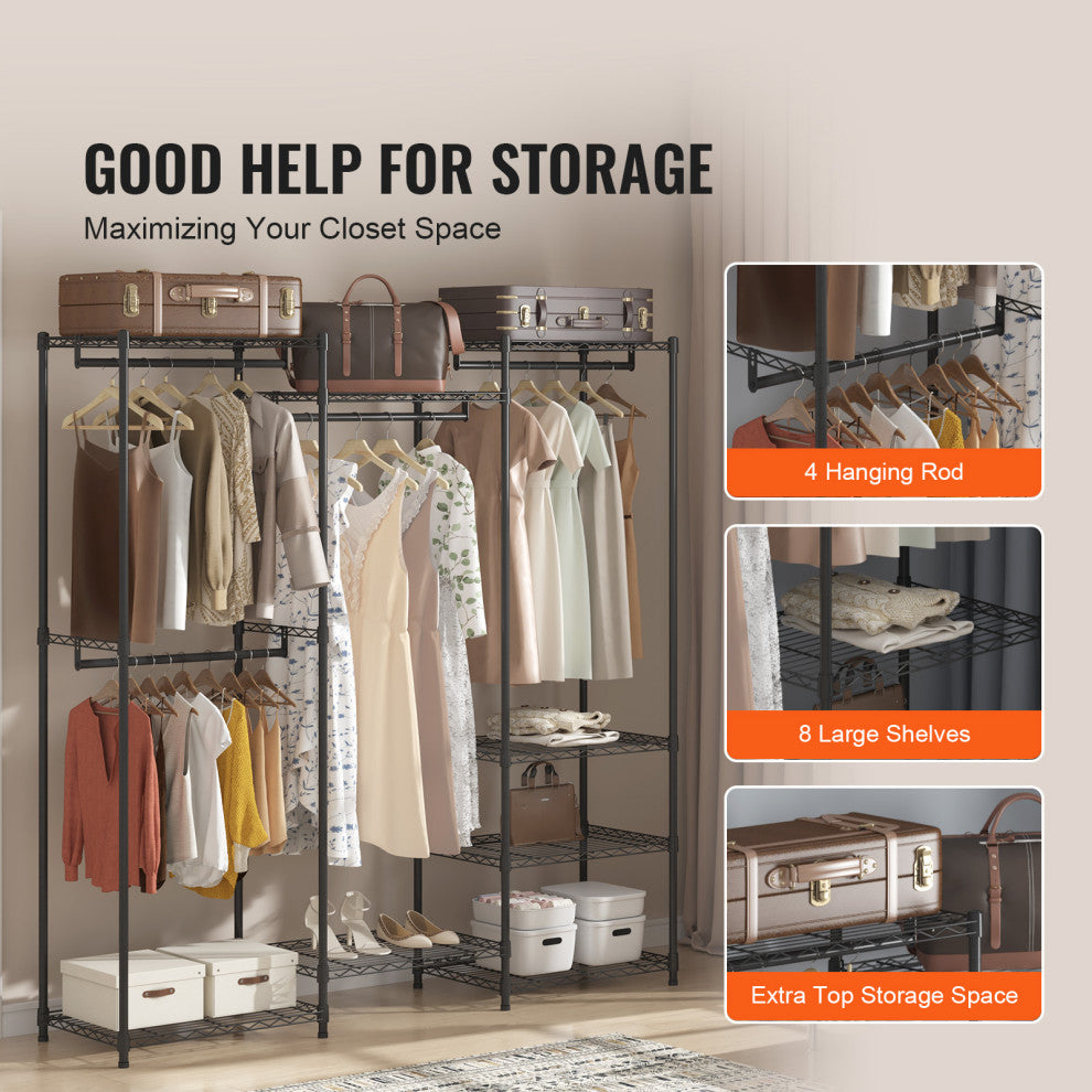 VEVOR Clothes Rack Rolling Clothing Garment Rack 4 Hang Rods & 8 Storage Tiers