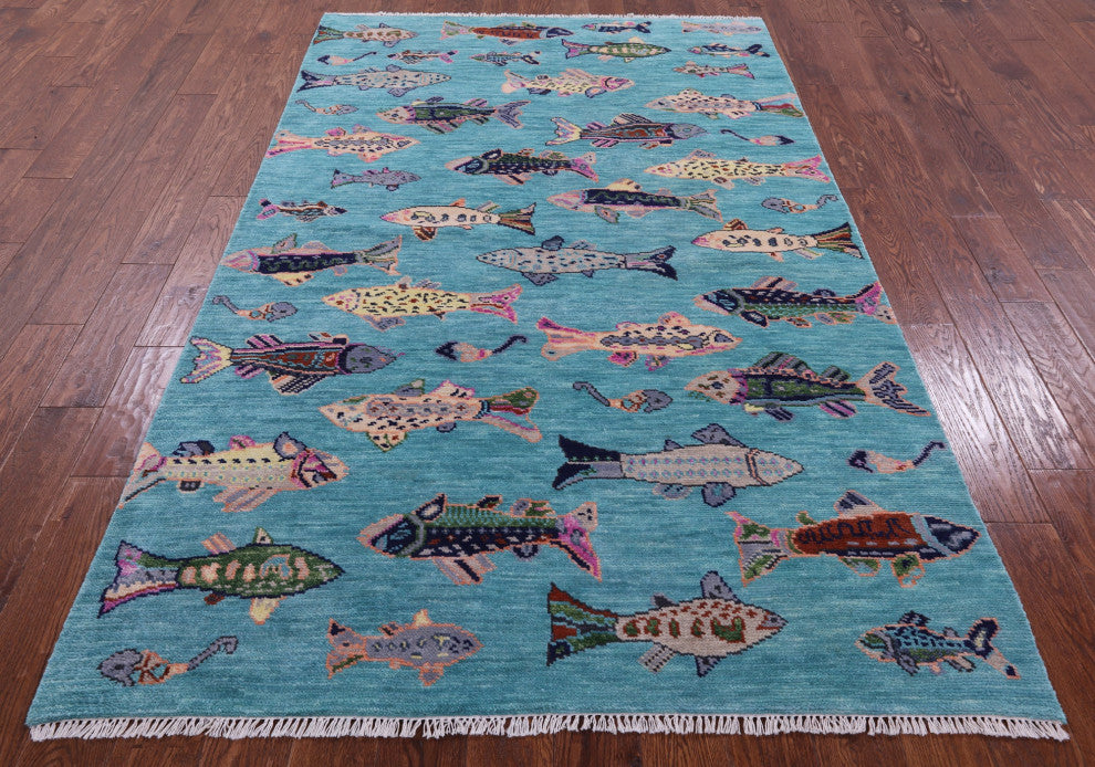 5' 1" X 8' 2" Gabbeh Fish Design Hand-Knotted Wool Rug - Q15349