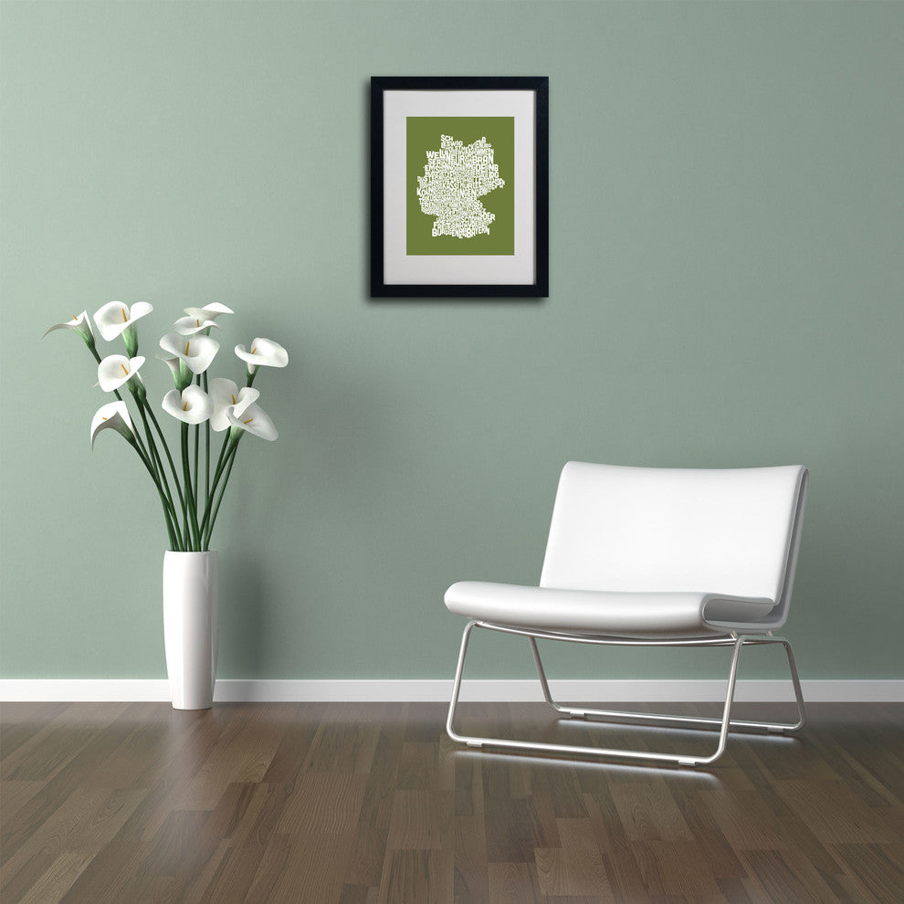 'Germany Regions Map - Olive' Matted Framed Canvas Art by Michael Tompsett