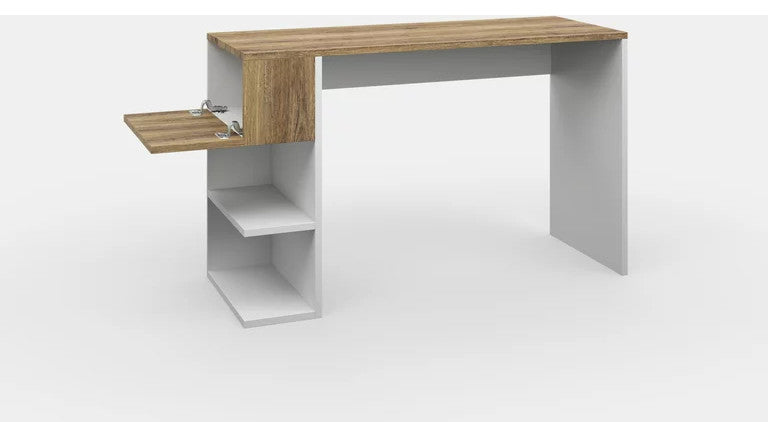 Modern Desk, 3 Built In Open Shelves & Walnut Top With Flip Down Door, White