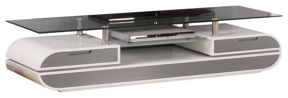 Benzara Modern TV Entertainment Media Console, Glass Top, 2 Drawer, White