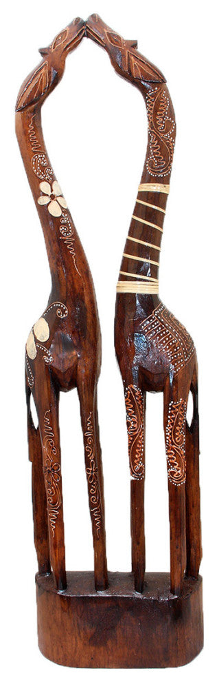 32" Tall Hand Carved Wooden Kissing Giraffes Statue