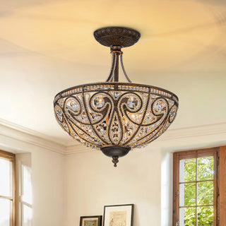 3-Light Antiqued Rust Crystal Semi Flush Ceiling Light