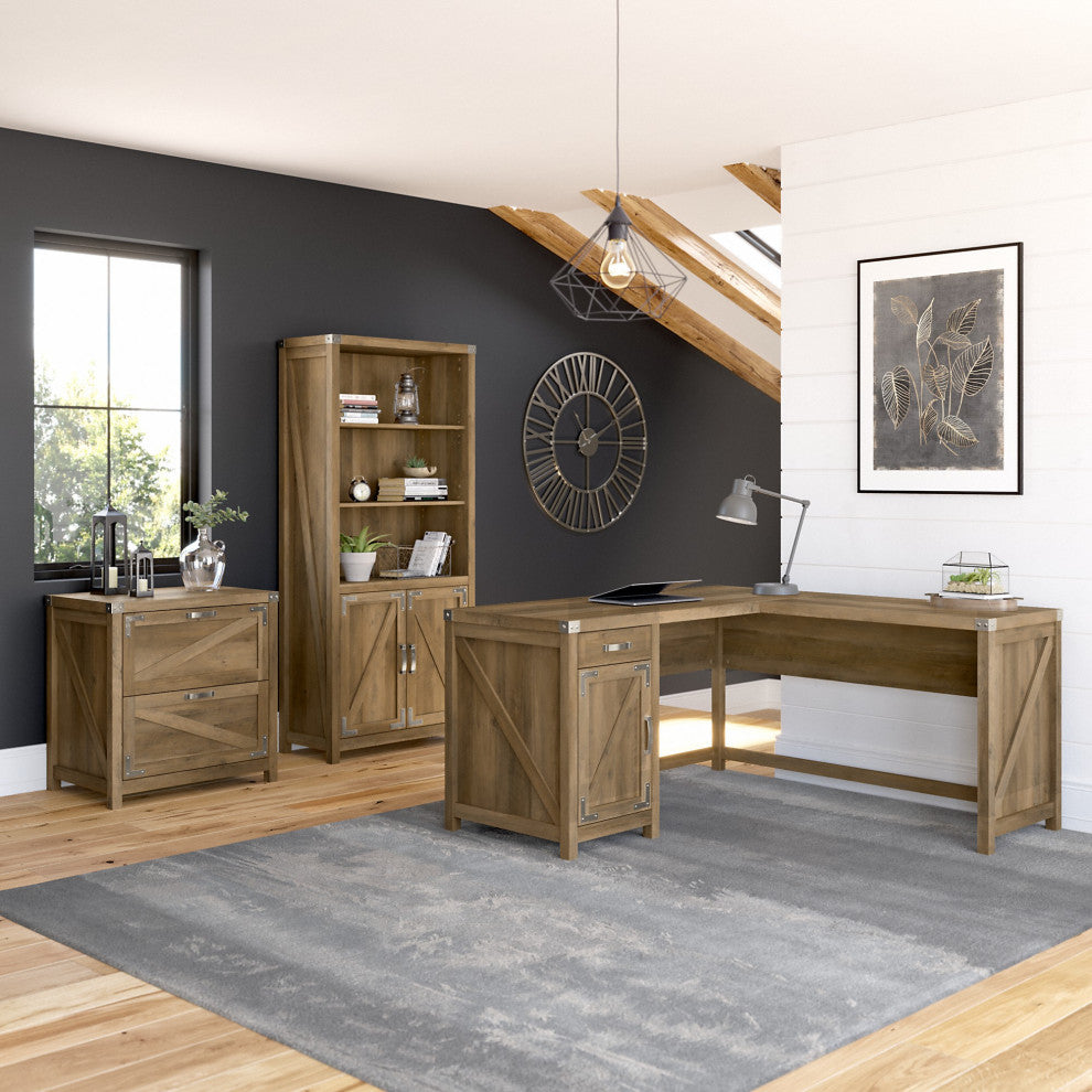 kathy ireland Cottage Grove 60 L Shaped Desk, Cabinet & Bookcase, Reclaimed Pine