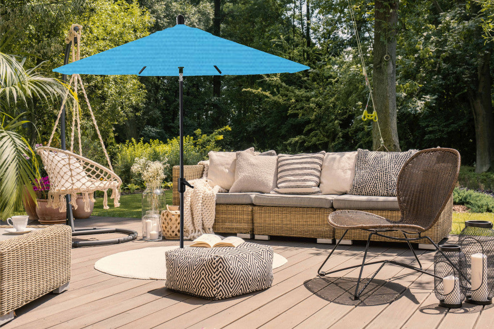 9' Round Push Tilt Market Umbrella, Black Frame, Sunbrella, Capri