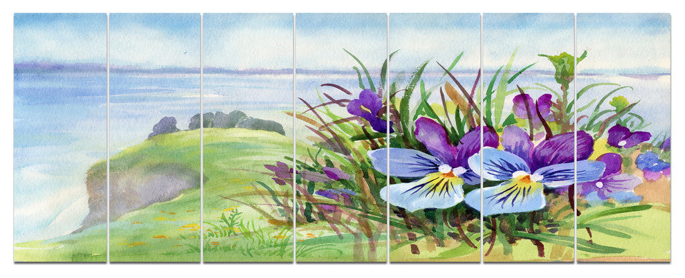 Spring Violet Flowers on Mountain, Floral Canvas Art Print, 83"x32", 7 Panels