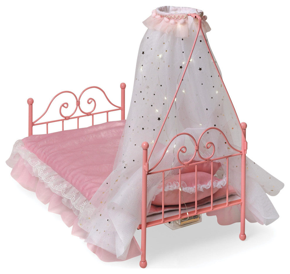 Starlights Led Canopy Metal Doll Bed With Bedding, Pink