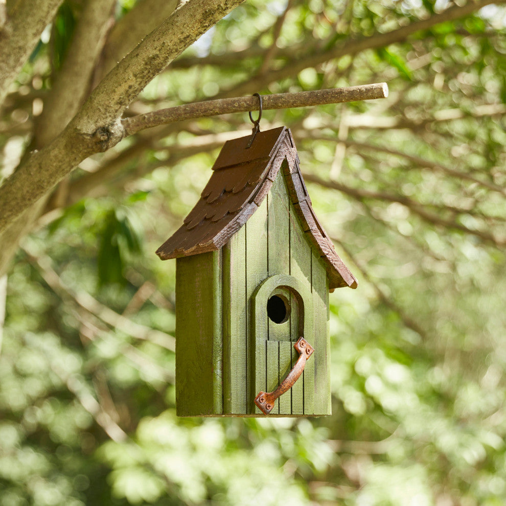 Rustic Garden Distressed Wooden Birdhouse, Metal Door Handle