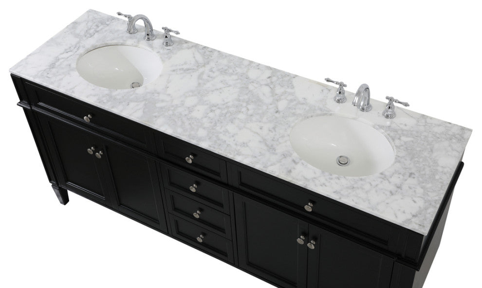 Home Living Vanity with Carrara White Marble Countertop, Black, 72", Double Sink