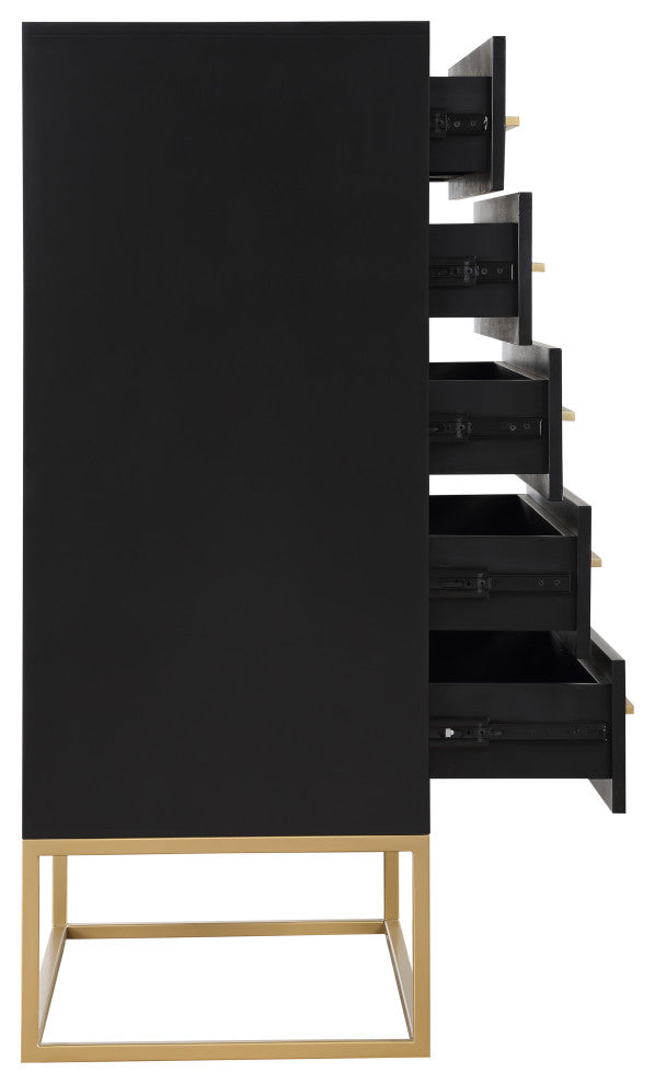 Maxine Wood Chest With Durable Brushed Gold Metal Base, Rich Black Finish