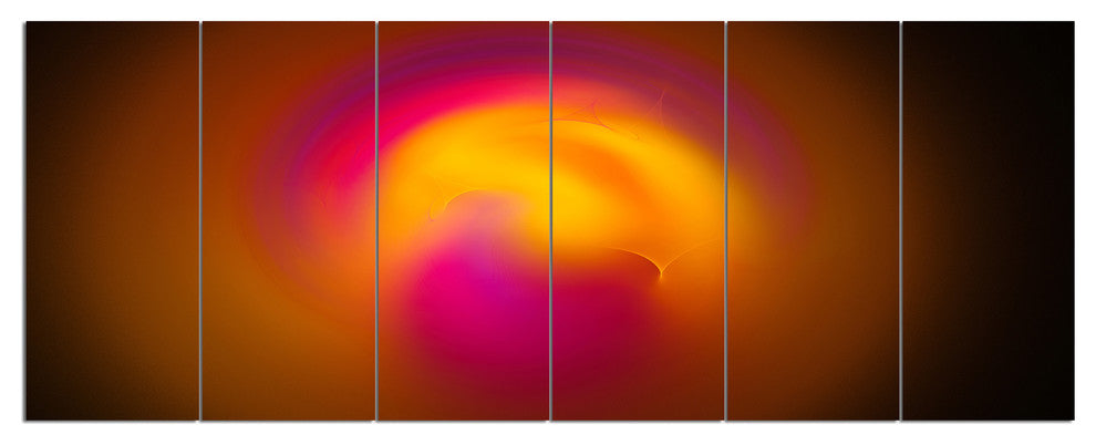 Yellow Pink Misty Sphere on Black, Abstract Canvas Art Print, 70"x28", 6 Panels