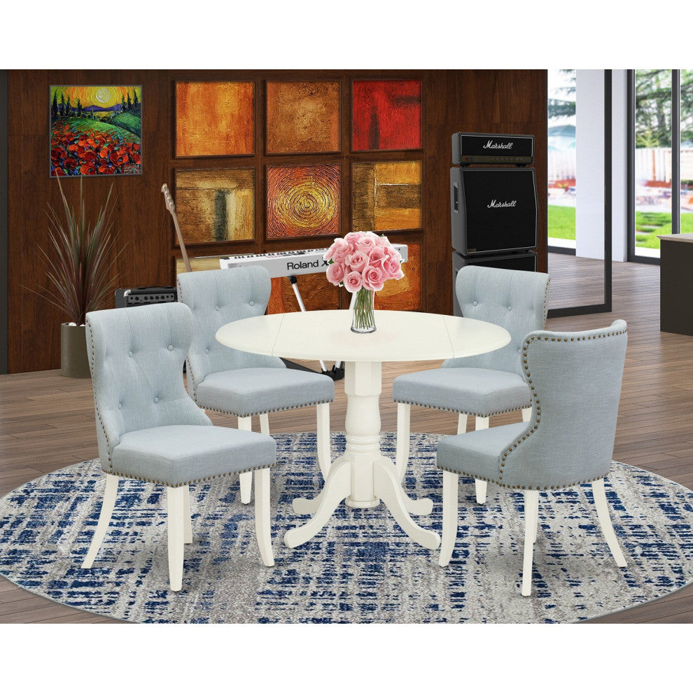 A Dining Set Of 4 Chairs, Baby Blue Color, Beautiful Table, Linen White Color