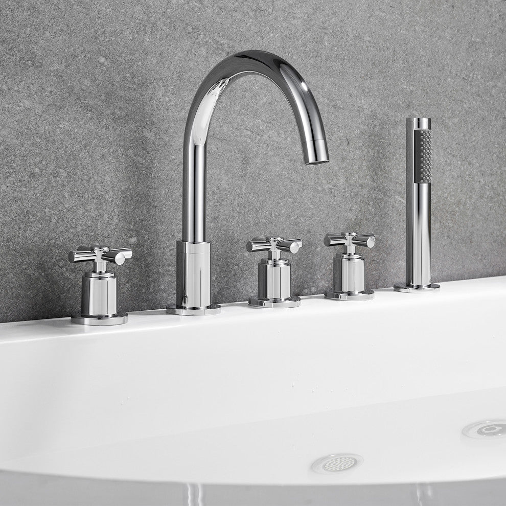 Sorlia Cross Handles Deck-Mount Roman Tub Faucet With Handshower, Polished Chome