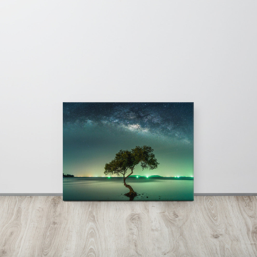 Glowing Milky Way Galaxy with Tree Canvas Wall Art Prints, 18" X 24"