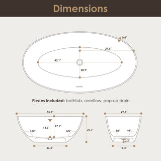 Euston Flatbottom Freestanding Solid Surface Soaking Bathtub, Matte White, 55inch