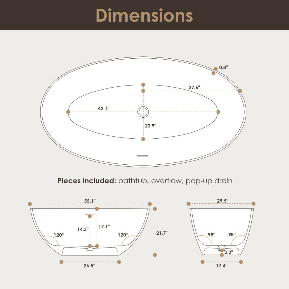 Euston Flatbottom Freestanding Solid Surface Soaking Bathtub, Matte White, 55inch