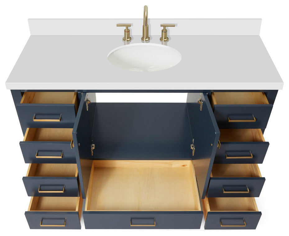 ARIEL Cambridge 55" Oval Sink Blue Bathroom Vanity Quartz Top, No Mirror
