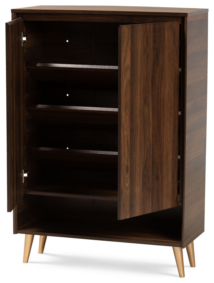 Noelene Mid-Century Walnut Brown and Gold 2-Door Shoe Storage Cabinet