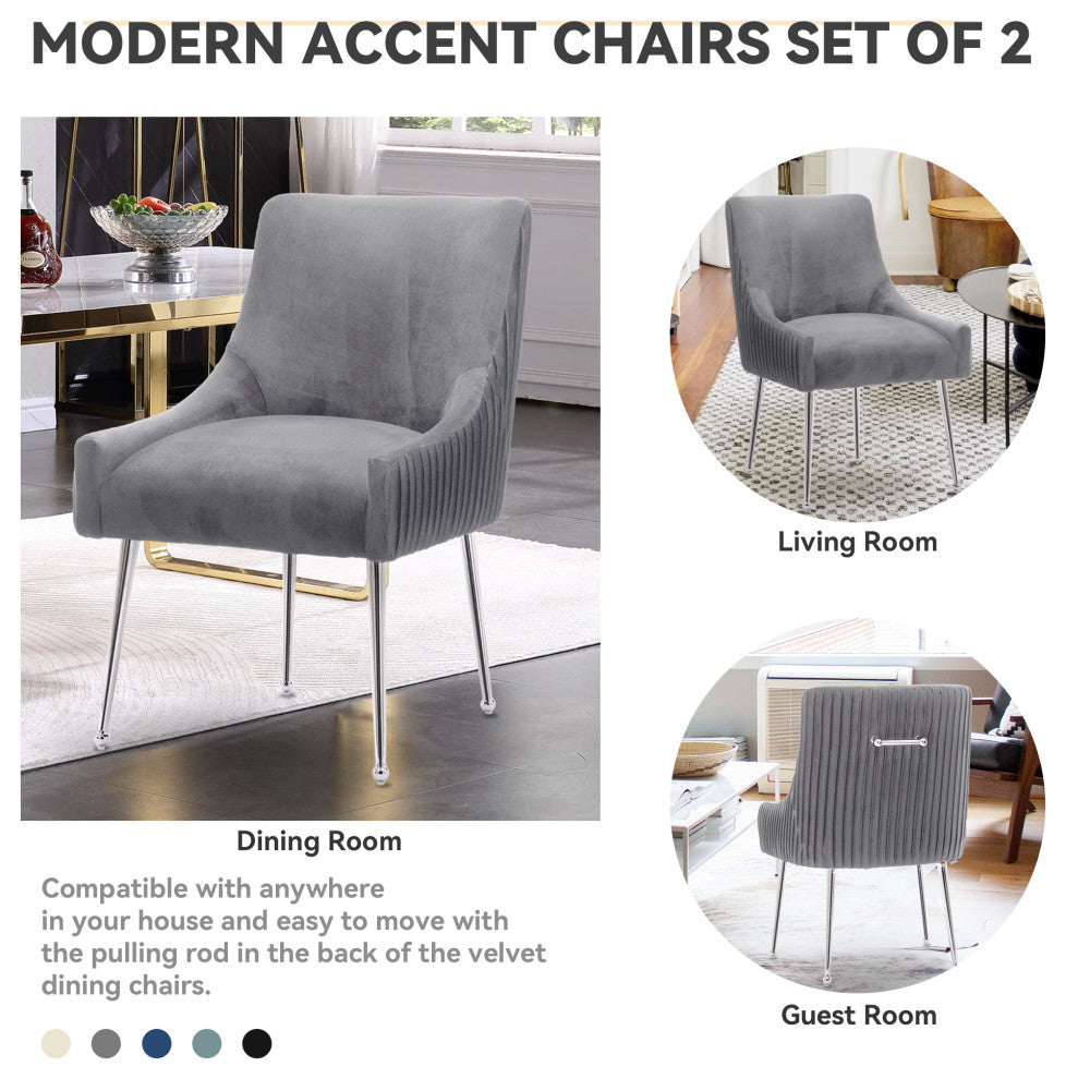 Pleated Velvet Dining Chair Set of 2, Tufted Accent Chair with Silver Legs, Gray