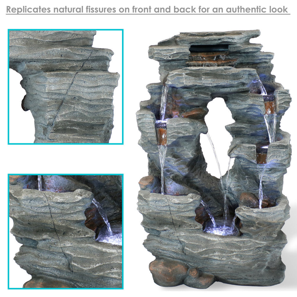 Sunnydaze Dual Cascading Rock Falls Water Fountain With LED Lights, 39"
